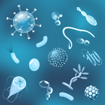 bacteria, fungi and viruses with glowing effect. pattern. Vector background