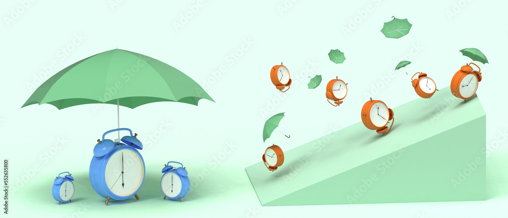 Poster alarm clocks and umbrellas with leadership ideas to securely develop future business success - time 