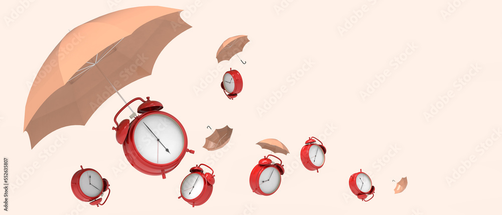Poster alarm clock and umbrella with different business leadership ideas to solve problems. - time concept 