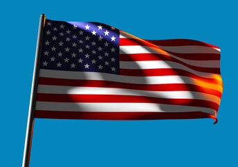 Obraz premium USA flag. Starry striped flag of the United States of America. Flagpole against the sky. US state symbols. Banner flutters in the wind. 3d image