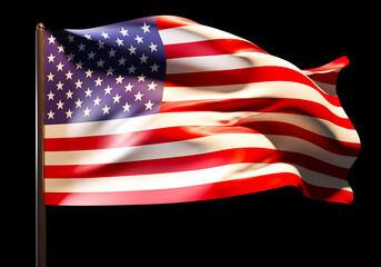 USA flag. Starry striped flag of the United States of America. Flag US on black background. US state symbols. Banner flutters in the wind. 3d image