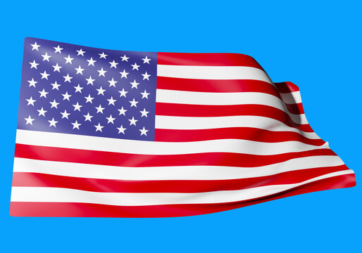 USA flag. Starry striped flag of the United States of America. Flagpole against the sky. US state symbols. Banner flutters in the wind. 3d image
