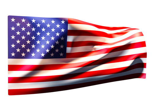 USA flag. Starry striped flag of the United States of America. Flagpole and flag isolated from background. US state symbols. Banner flutters in the wind. 3d image