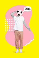 Exclusive magazine picture sketch collage image of questioned guy ball instead of head asking what...
