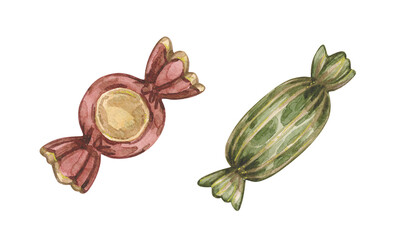 Watercolor vintage illustration with candies in red and green wrapper. Isolated on white background.