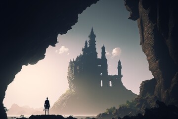 Castle at the sunset. fantasy scenery. Generative AI