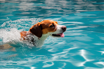 photography of a brown and white dog swimming in a pool- AI Generated