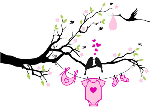 new baby girl, clothesline with birds on a tree, illustration over a transparent background, PNG image
