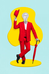 Vertical collage picture of dandy man wear red suit hand hold hat greeting light bulb instead head...