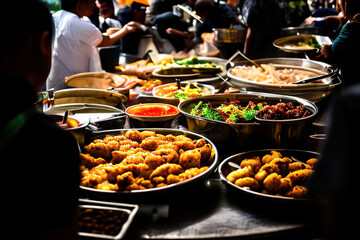 Obraz premium photography of a group of people in a market standing around a table filled with food - AI Generated