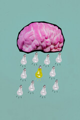 Vertical collage image of brain mini light bulbs rain bright creative idea isolated on painted background