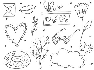Big set of cute hand-drawn doodle elements about love. Message stickers for apps. Icons for Valentines Day, romantic events and wedding.