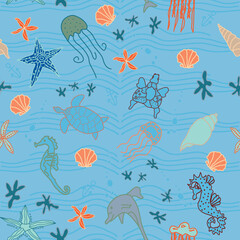 Blue background and multi coloured sea life seamless pattern background. Perfect for fabric, scrapbooking, quilting, wallpaper and many more projects.