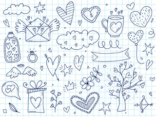 Big set of cute hand-drawn doodle elements about love. Message stickers for apps. Icons for Valentines Day, romantic events and wedding. A checkered notebook.