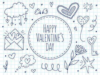 Big set of cute hand-drawn doodle elements about love. Message stickers for apps. Icons for Valentines Day, romantic events and wedding. A checkered notebook.