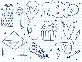 Big set of cute hand-drawn doodle elements about love. Message stickers for apps. Icons for Valentines Day, romantic events and wedding. A checkered notebook.