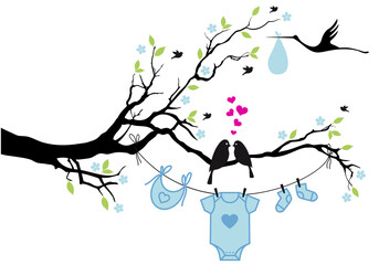 new baby boy, clothesline with birds on a tree, illustration over a transparent background, PNG image 