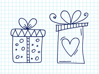 Set of cute hand-drawn doodle elements about love. Message stickers for apps. Icons for Valentines Day, romantic events and wedding. A checkered notebook. Gift boxes with ornaments, bows and hearts.