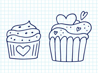 Set of cute hand-drawn doodle elements about love. Message stickers for apps. Icons for Valentines Day, romantic events and wedding. A checkered notebook. Cupcakes with hearts.