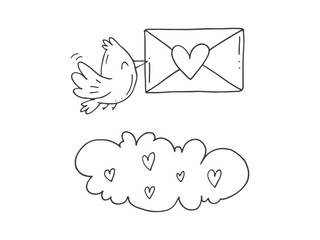 Set of cute hand-drawn doodle elements about love. Message stickers for apps. Icons for Valentines Day, romantic events and wedding. A bird with an envelope and a heart and a love letter with cloud.