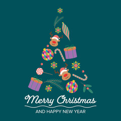 image of christmas tree is composed of star, candy, glass balls, holly berries, giftbox, deer and branches