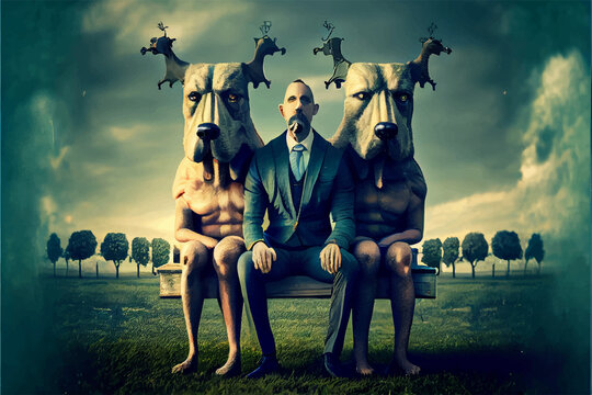 Man sitting in the park with his dogs, surrealism, digital painting, digital art, for canvas painting, poster and wall cover