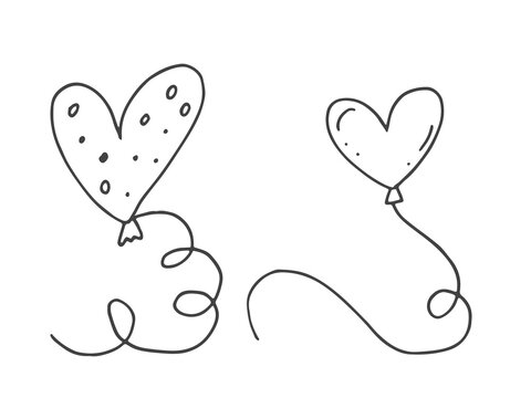 Set of cute hand-drawn doodle elements about love. Message stickers for apps. Icons for Valentines Day, romantic events and wedding. Balloons in the shape of hearts are flying.