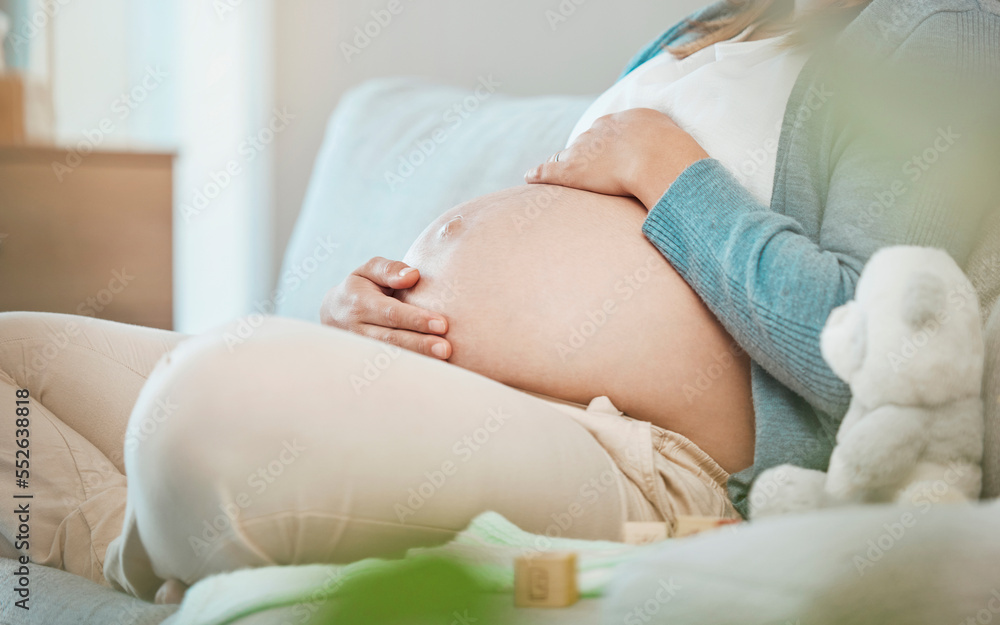 Poster Pregnant, stomach and mother bond with her baby while resting during maternity at home. Tummy, belly and pregnancy with a mommy to be holding her abdomen and caring for her kid while relaxing