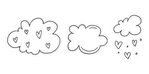 Set of cute hand-drawn doodle elements about love. Message stickers for apps. Icons for Valentines Day, romantic events and wedding. Clouds and rain from hearts.