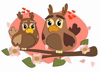 Cartoon owls in love sit on a branch nearby