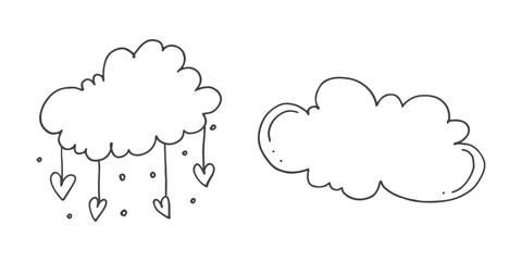 Set of cute hand-drawn doodle elements about love. Message stickers for apps. Icons for Valentines Day, romantic events and wedding. Clouds and rain from hearts.