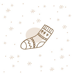 A hand-drawn winter clothing. Vector illustration in doodle style. Winter mood. Hello 2023. Merry Christmas and Happy New Year. Brown sock with ornament on a white background with snowflakes.