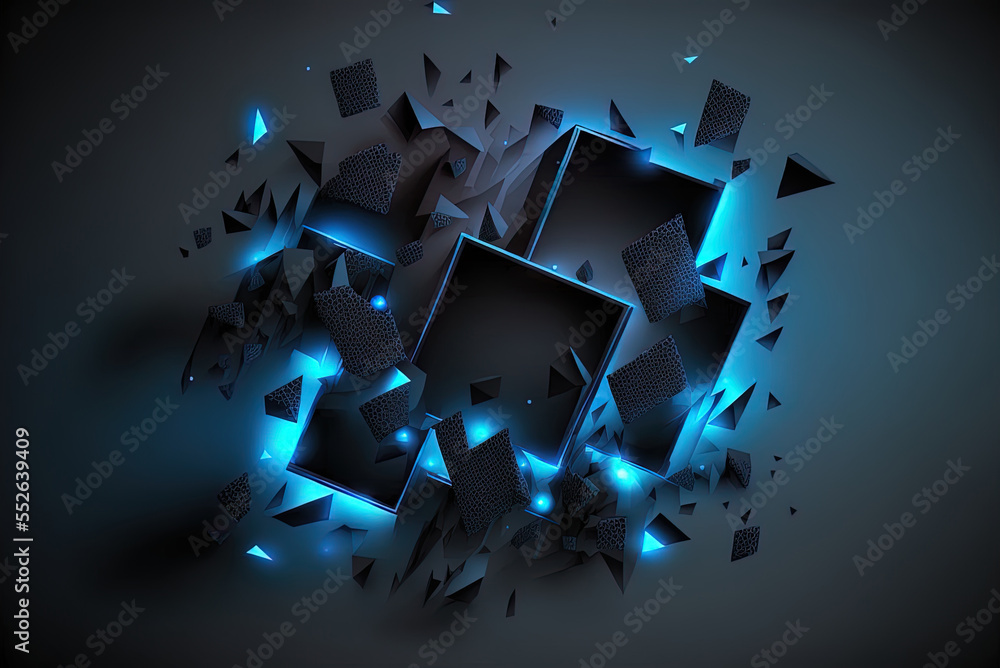 Poster contextual obscurity. on a black backdrop, blue neon objects are seen flitting about. generative ai