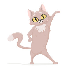 Cute and funny vector cat with big yellow eyes. Cartoon cat or kitten character with flat color in a standing pose. Pet animal isolated on white background.