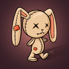Crazy voodoo rabbit. Colored cute evil rabbit on a dark background with backlight and creepy shadow, halloween decoration. Sewn voodoo bunny walking through. Vector illustration. Stitched thread doll