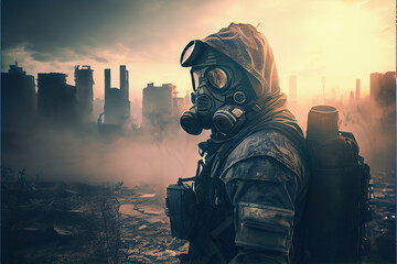Man dressed in chemical protection suit in the ruins
