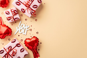 Valentine's Day concept. Top view photo of gift boxes in wrapping paper with kiss lips pattern heart shaped balloons inscription love you confetti on isolated pastel beige background with copyspace