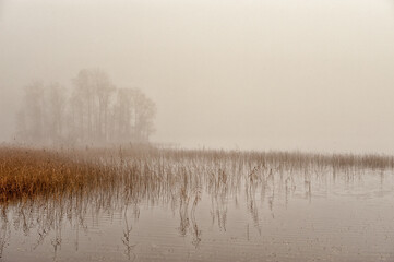 Foggy autumn morning in November at lake Annsjön in county Östergötland, Sweden