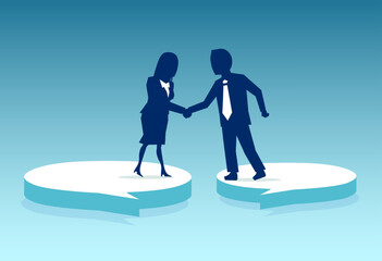 Obraz premium Vector of a business man and a businesswoman standing on speech bubbles and handshake