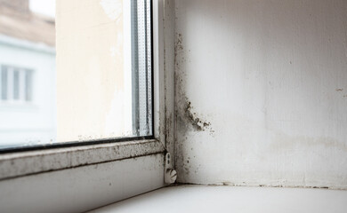 Black mold buildup in the corner. Mold growth.