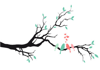 Family tree with cute birds, illustration over a transparent background, PNG image