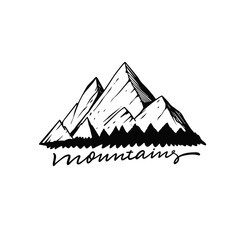 Mountains outline logo hand drawn black color.