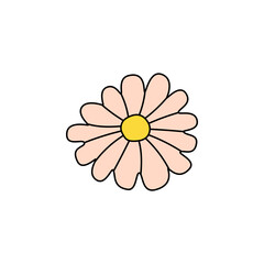 Retro Groovy Flower Element, Daisy flat icon in doodle style. Cute Hand Drawn Hippy Flower inspirited by 70s years. Vintage vector illustration isolated on white background. Floral for poster, print.