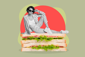 Creative photo 3d collage artwork postcard poster of business lady sit big sandwich refuse unhealthy food isolated on painting background