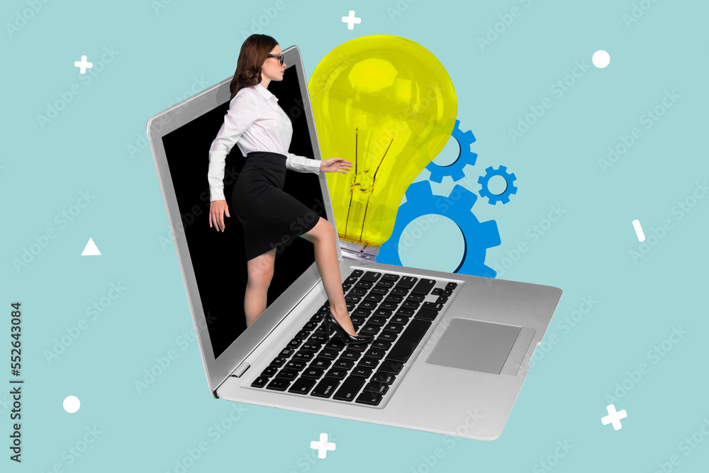 Poster creative collage image of mini girl walk through netbook display light bulb configuration gear isola