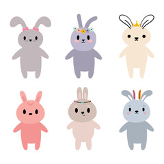 Collection of cute bunnies. Cartoon character. Funny doodle rabbits. Kawaii