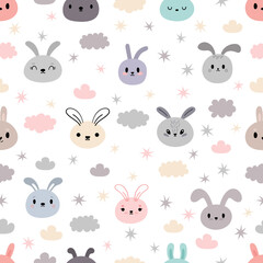Cute seamless pattern with cartoon rabbits. Kawaii bunny. Hand drawn background with cute animals