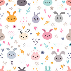 Cute seamless pattern with cartoon rabbits. Kawaii bunny. Hand drawn floral background with cute animals