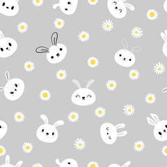 Cute seamless pattern with cute bunnies and daisies. Background for childrens clothes. Nursery room