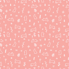 Hand drawn seamless pattern with rabbits silhouettes. Easter. Hare, bunny. Background with animals